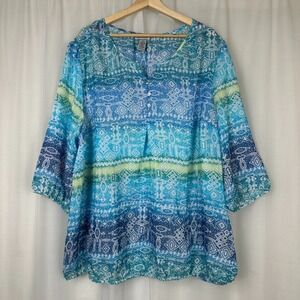 Catherines Santa Fe Peasant Tunic Top Plus Size 1X Blue Geometric Boho 18/20W